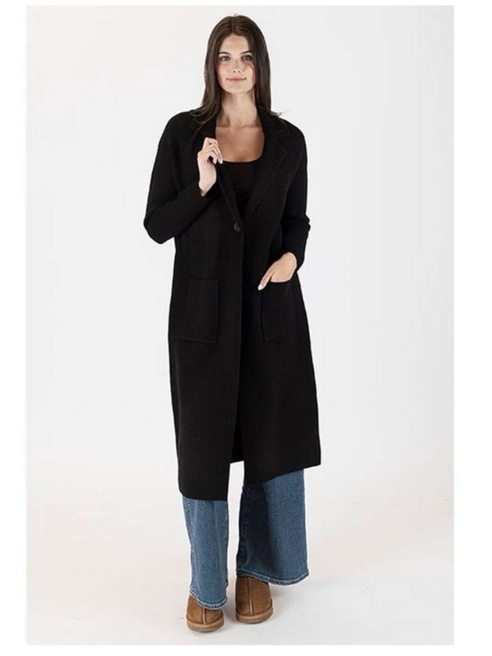 Long Black Open-Front Knit Cardigan Coat